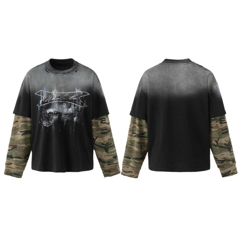 Unisex Oversize Layering Shirt with camouflage sleeves, vintage graphic and destroy details Chichicherry