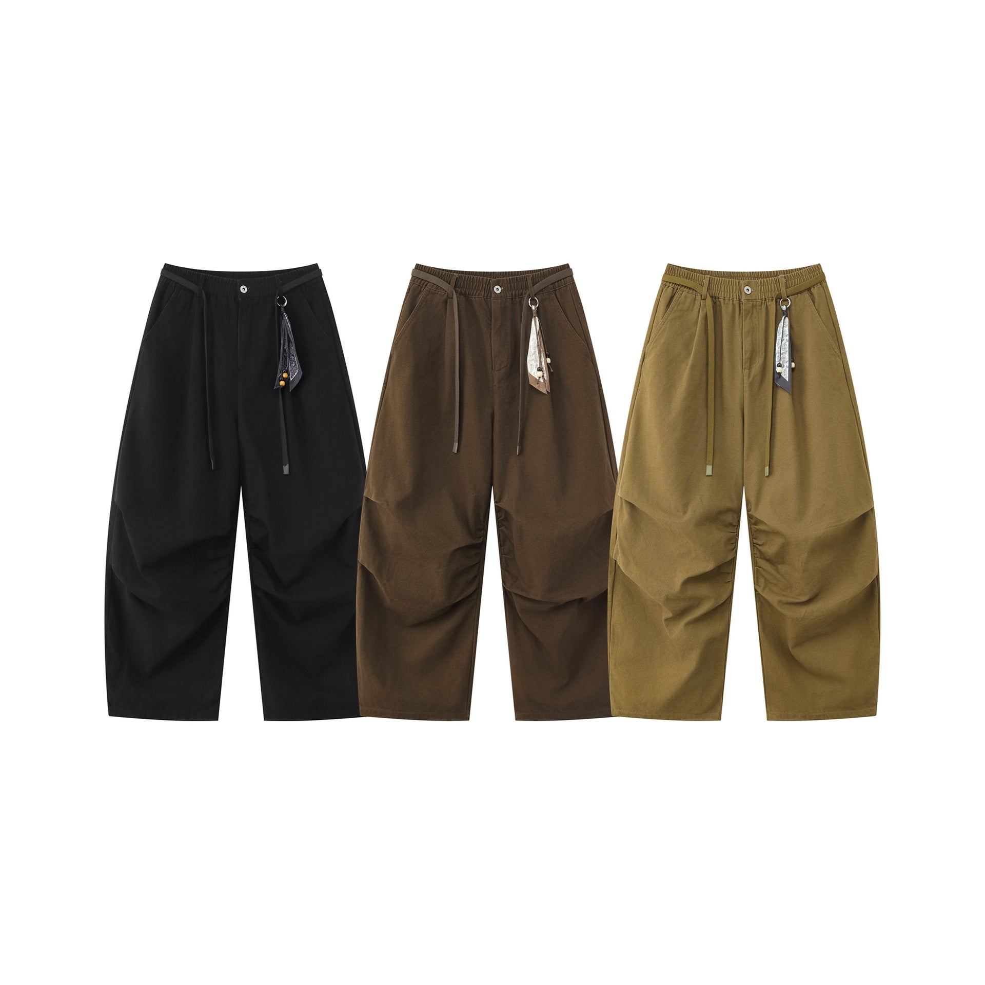 Women's Wide Culotte Pants with Elastic Waistband, Pleats, and Decorative Scarf Pendant Chichicherry