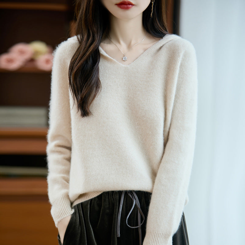 Women's Soft Mohair-Optic Hooded Sweater with V-Neck and Ribbed Hem
