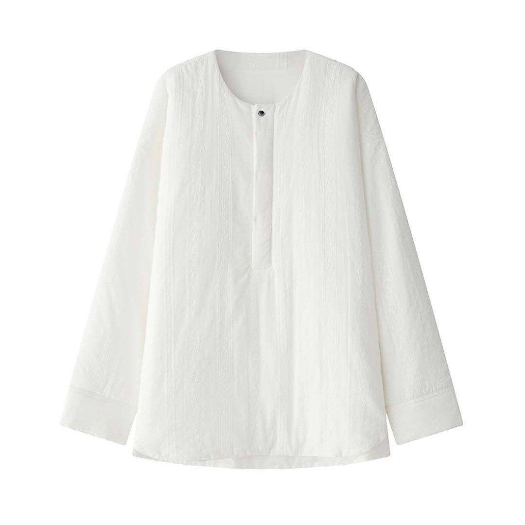 Women Oversized Structured Long Blouse with Round Neck and Extended Hem Chichicherry