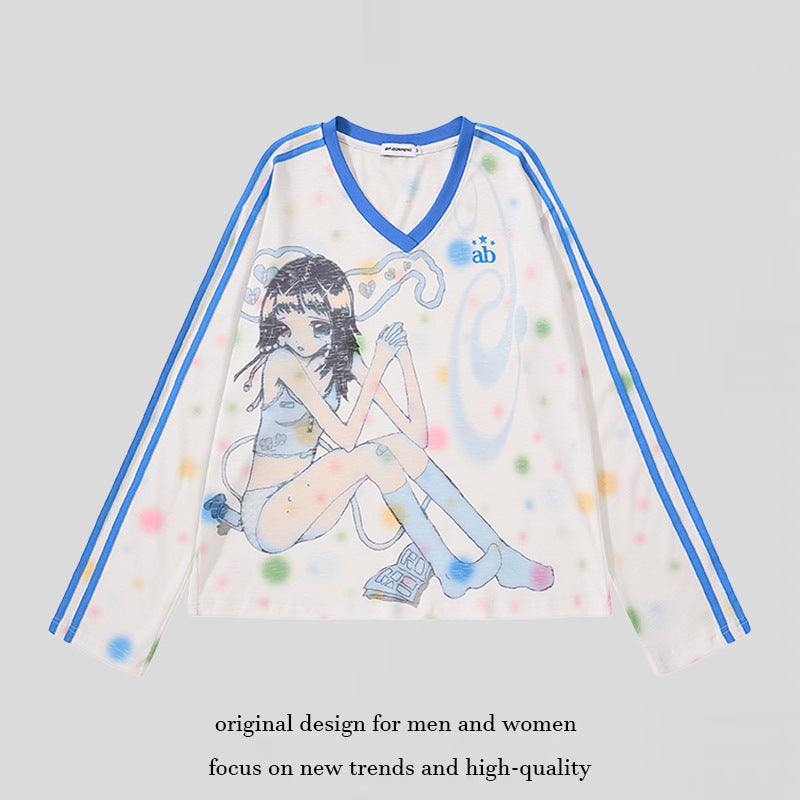 Women's Cropped Mesh Long Sleeve with V-Neck, Anime Print and Contrast Stripes Chichicherry