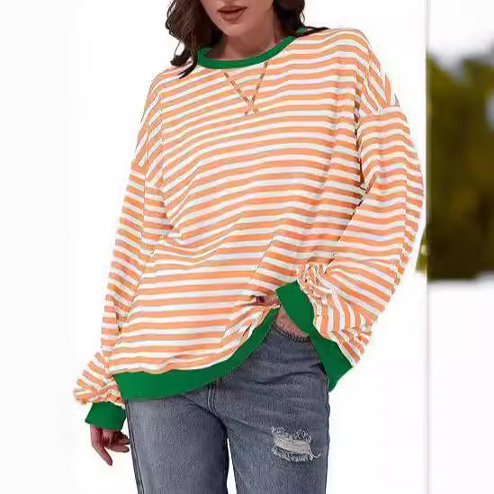 Women Striped Oversized Sweater with Contrast Cuffs Chichicherry