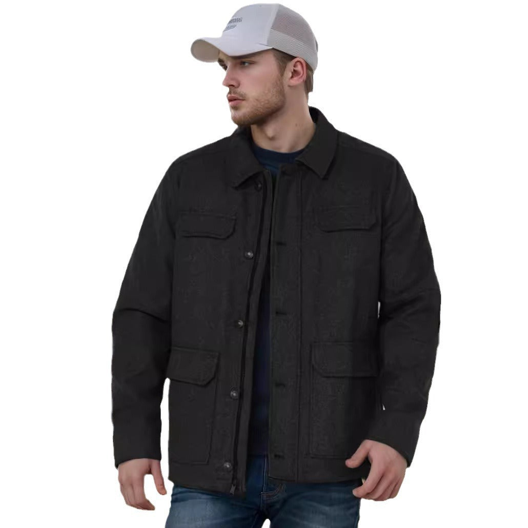 Men's Wool Blend Field Jacket with Flap Pockets, Full Button Placket and Shirt Collar Chichicherry