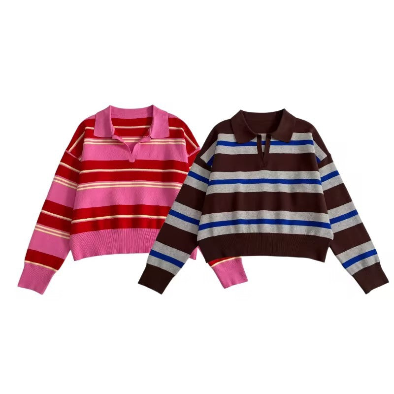 Women's Striped Polo Collar Sweater with Boxy Fit and V-Neck Chichicherry