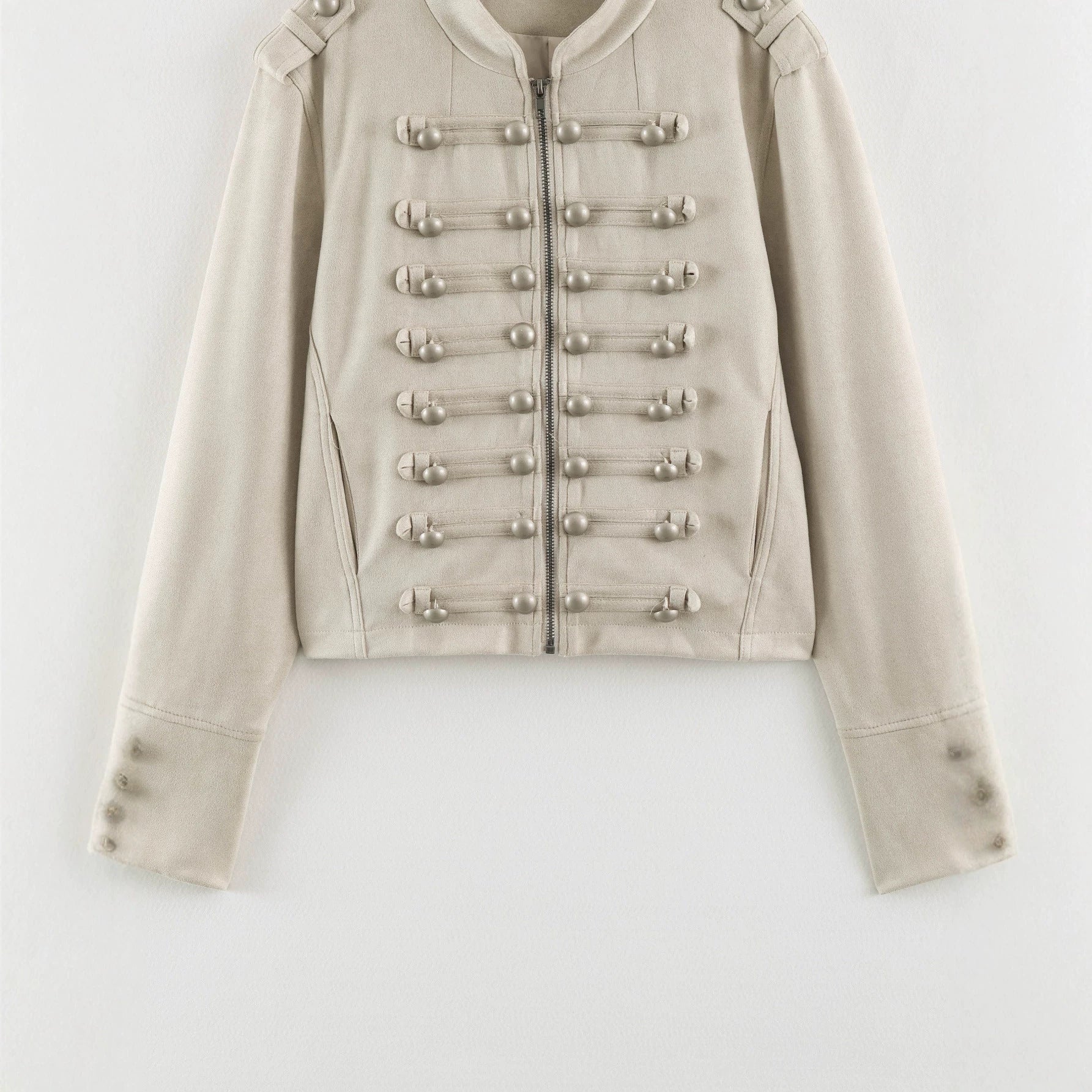 Women Short Military Jacket with Decorative Button Placket and Stand Collar Chichicherry