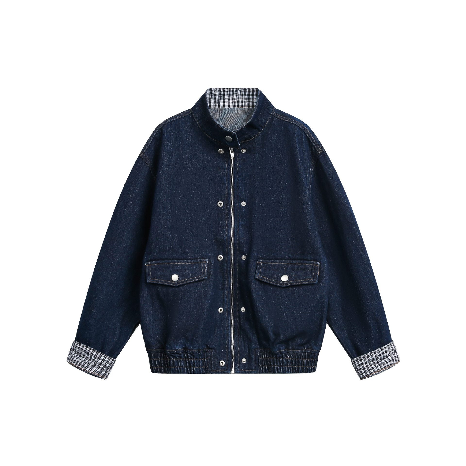Women Oversize Denim Jacket with Stand-Up Collar and Check Lining Chichicherry