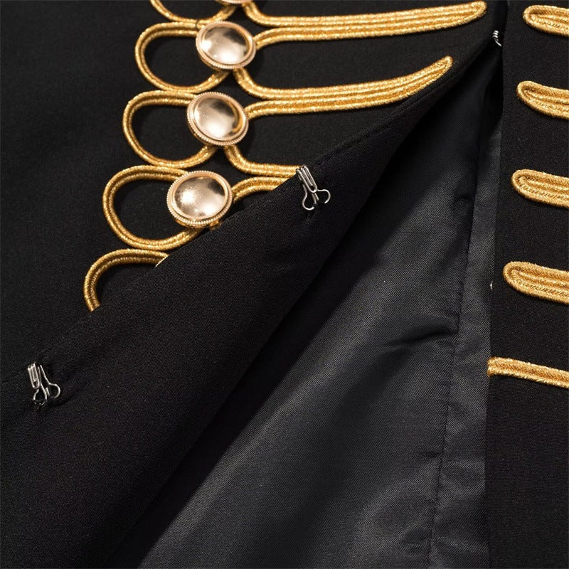 Women Military-Inspired Short Jacket with Stand-Up Collar and Golden Decorative Braid Chichicherry