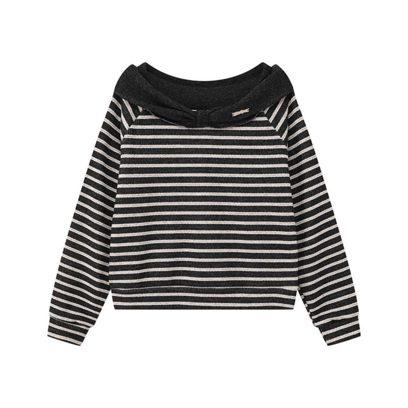 Women's Knitted Short Sweater with Off-Shoulder Cut, Bow Detail and Horizontal Striped Pattern Chichicherry