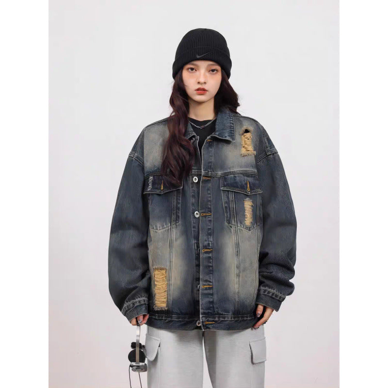 Unisex Vintage-Style Denim-Worker-Jacke mit Repair-Details und geradem Schnitt Chichicherry