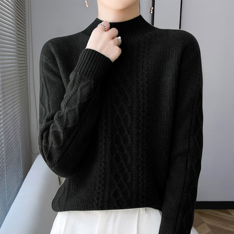 Women's Soft Cable Knit Mock Neck Sweater with Light Mohair Effect Chichicherry