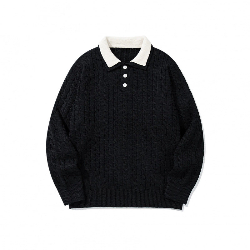 Men's Chunky Knitted Polo Collar Sweater with Cable Pattern and Button Placket Chichicherry
