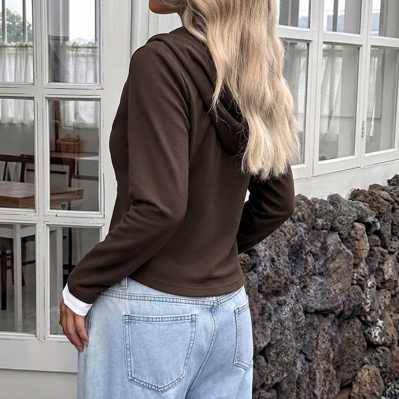 Ladies Hooded Henley Shirt with Button Placket and Layered Look Chichicherry