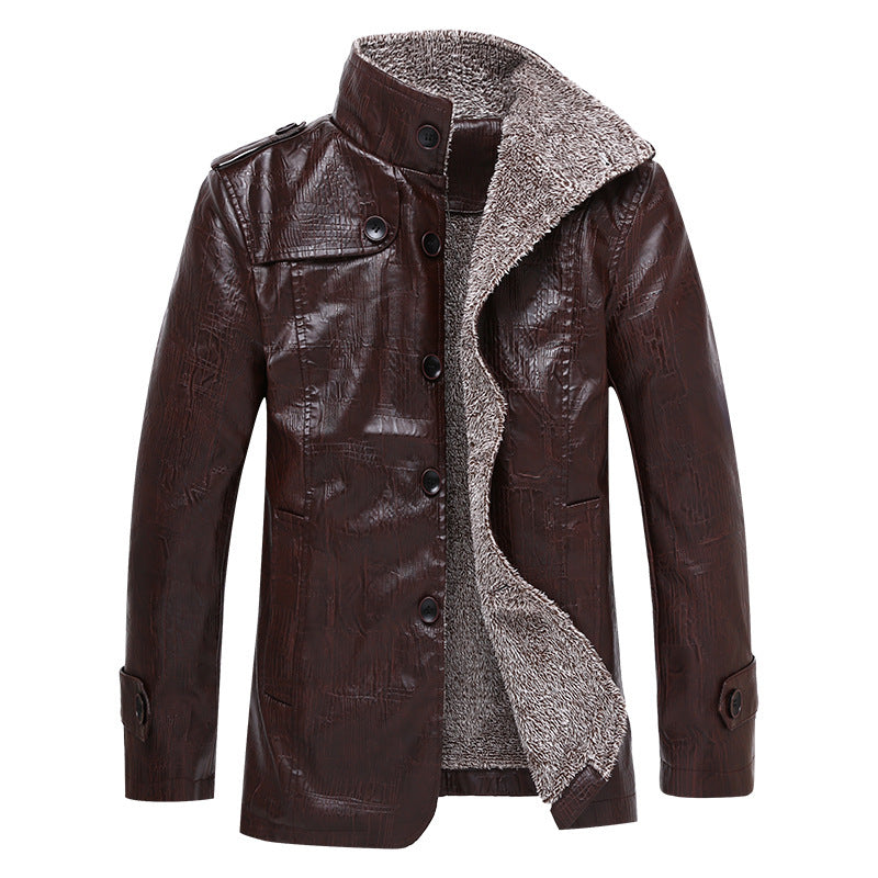 Men's Textured Faux Leather Midlayer Jacket with Teddy Fleece Lining, Stand Collar and Shoulder Patches Chichicherry