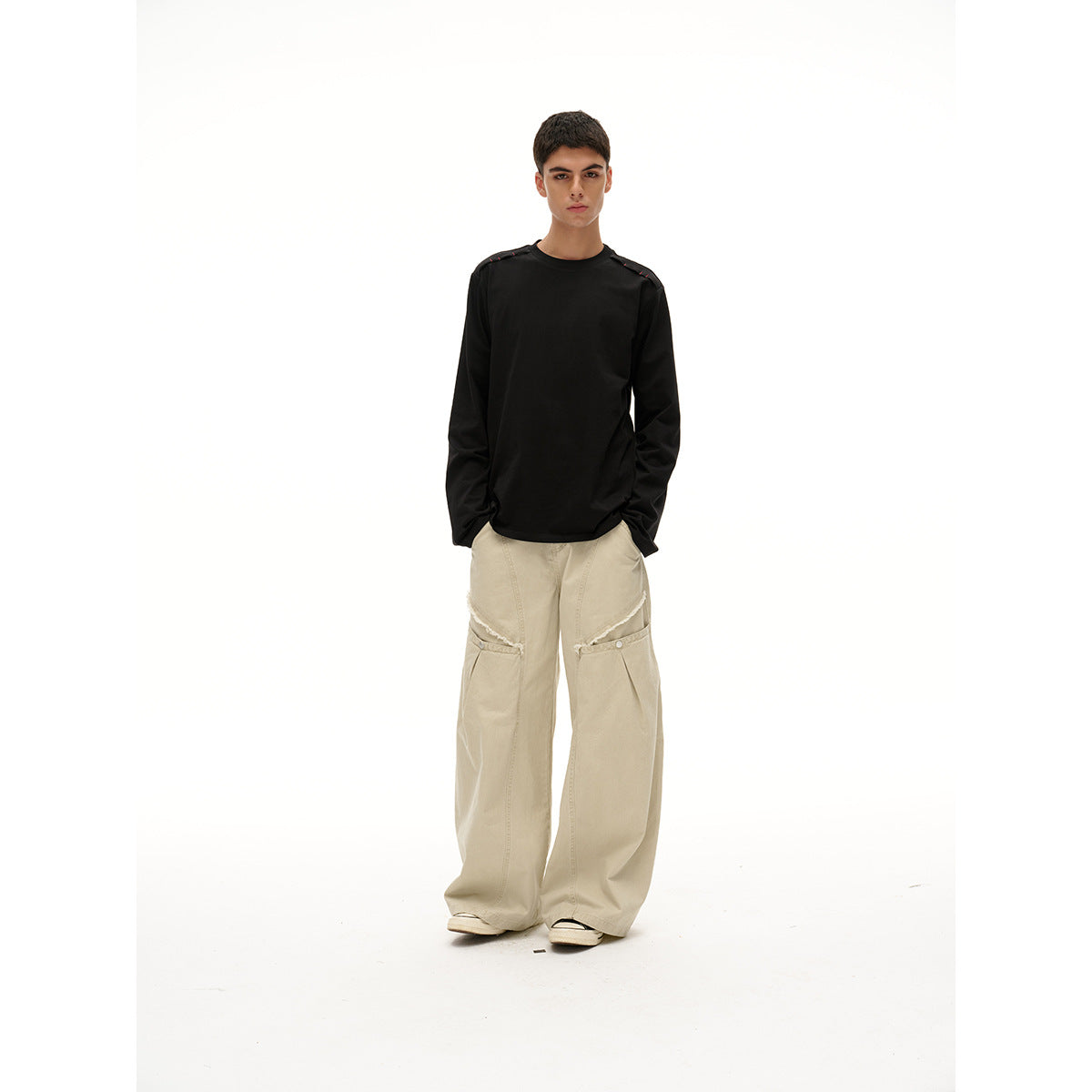 Unisex Long Sleeve Oversized T-Shirt with Crew Neck and Decorative Shoulder Detail Chichicherry