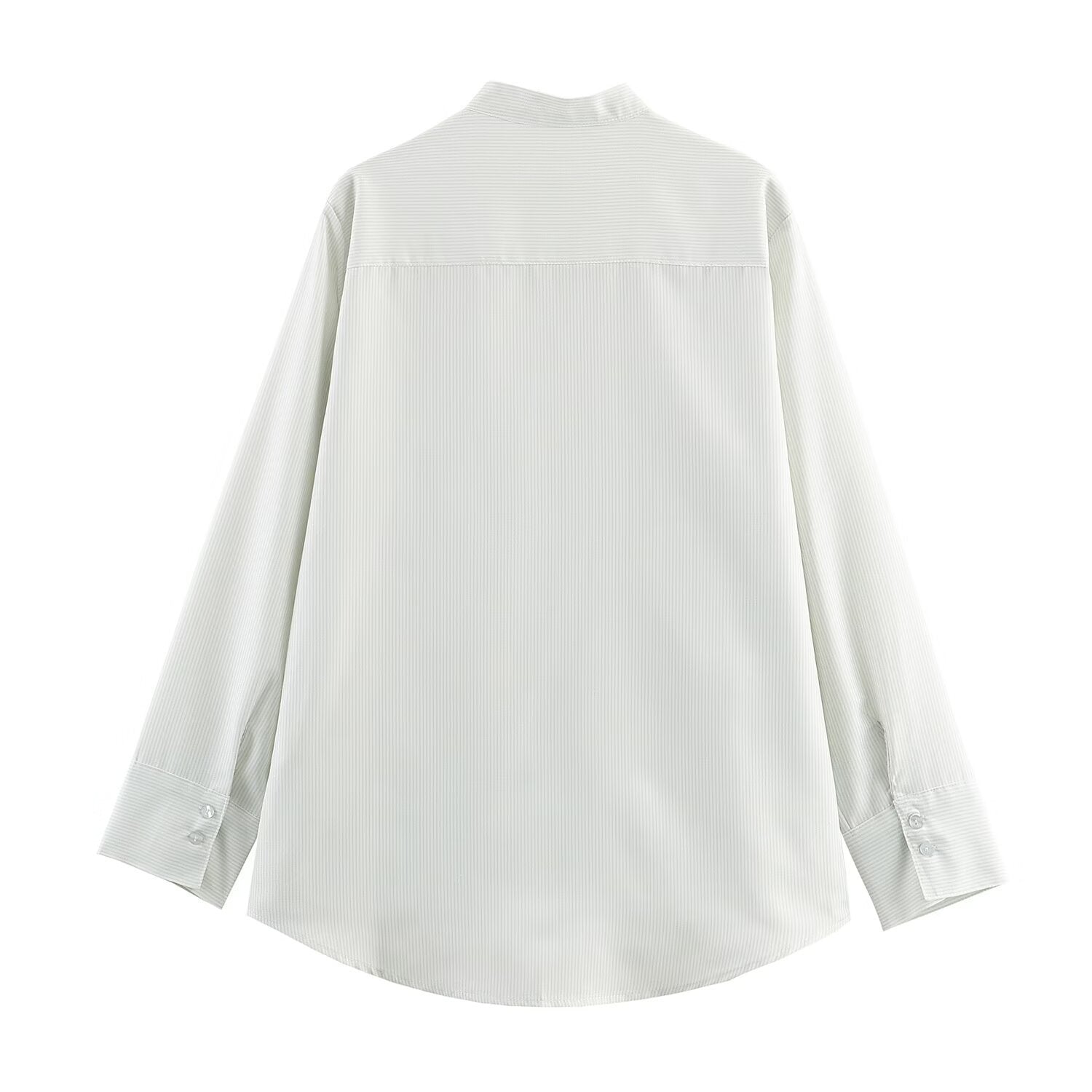 Women Oversize Shirt Blouse with Stand Collar, Chest Pocket and Curved Hem Chichicherry