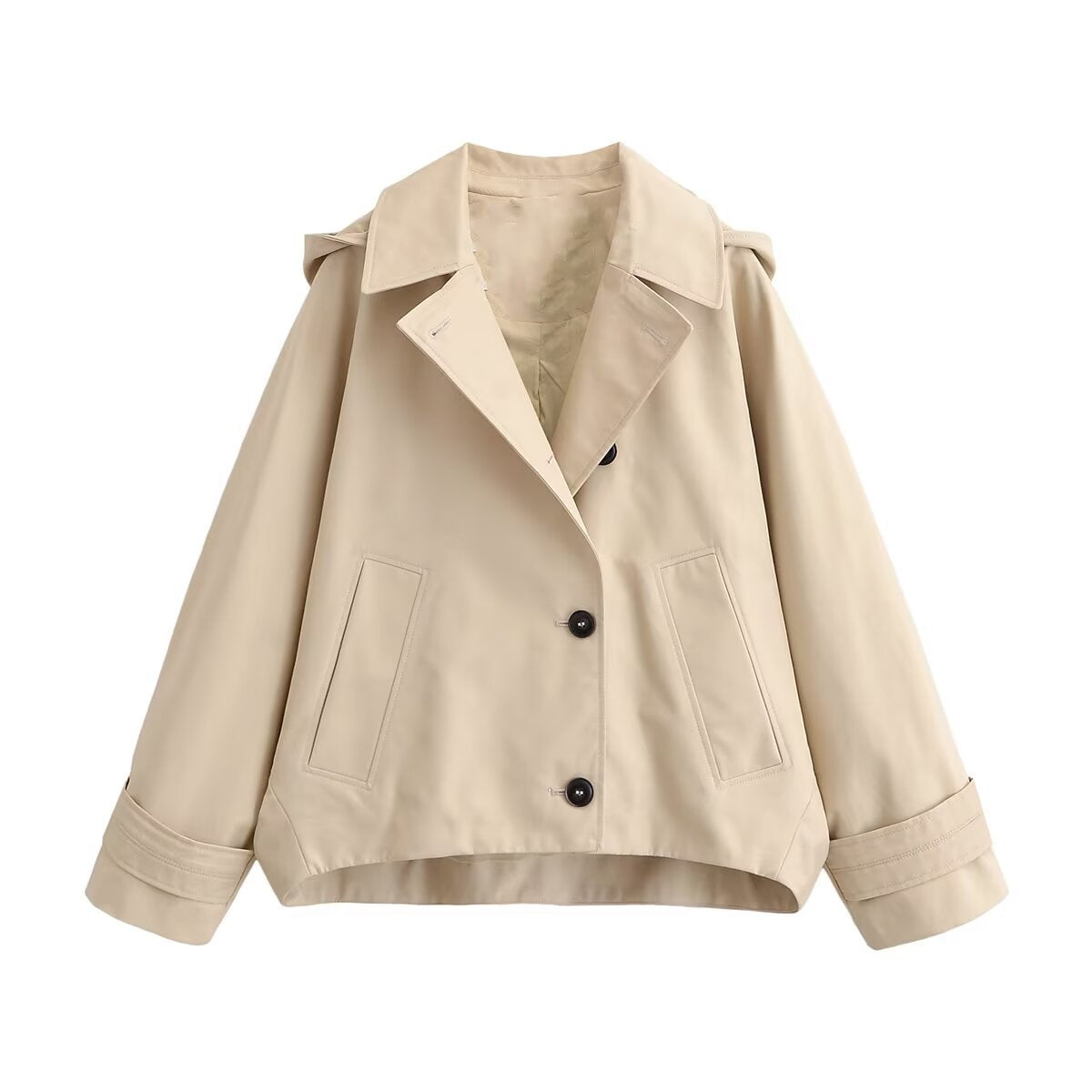 Ladies short trench coat in boxy cut with notch collar and piped patch pockets Chichicherry