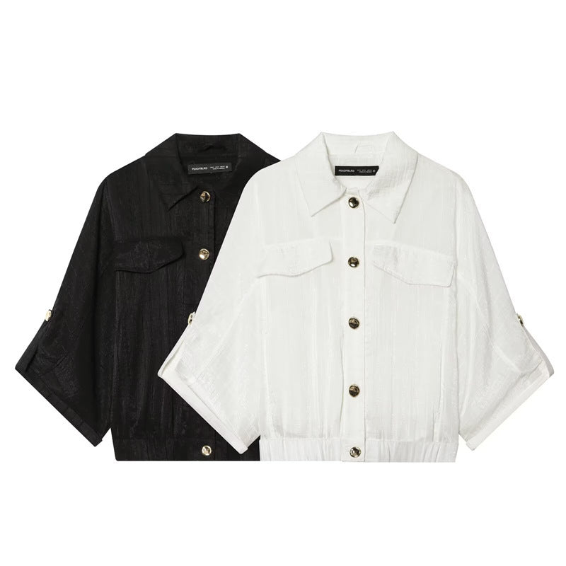 Women's boxy overshirt jacket waist short with 3/4 sleeves and gold buttons Chichicherry