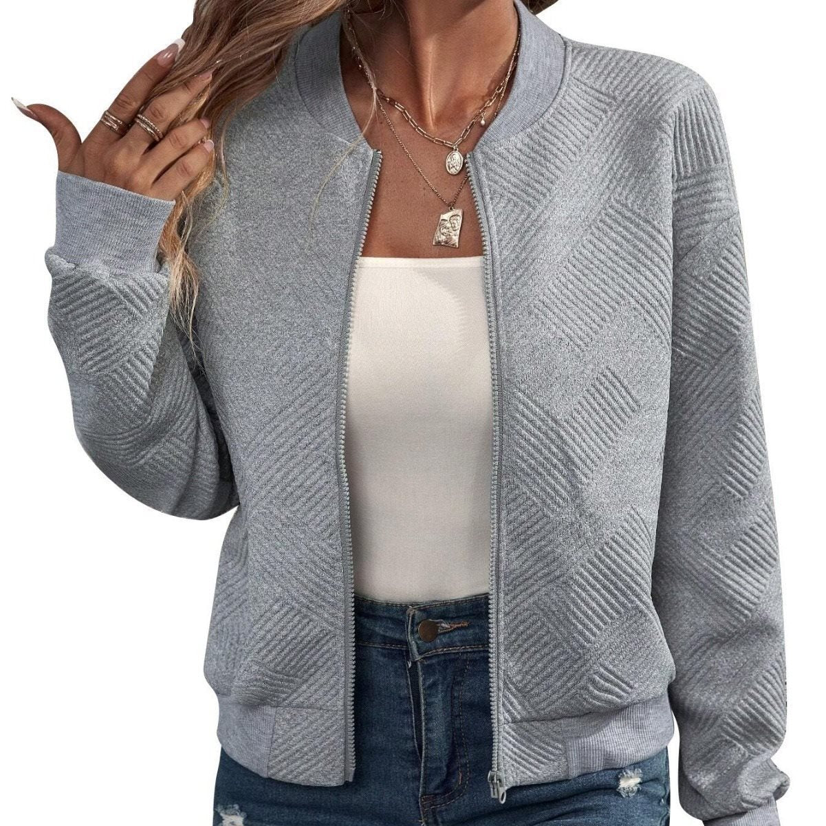 Women Structured Bomber Cardigan with Zipper and Ribbed Cuffs Chichicherry