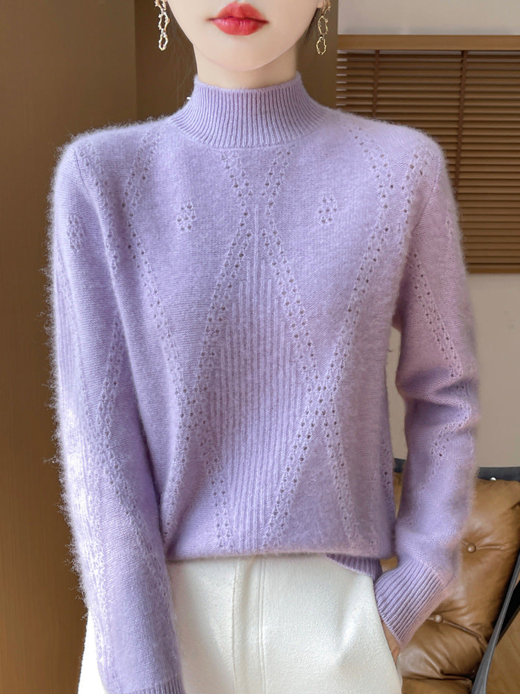 Women's Light Mockneck Fine Knit Sweater with Eyelet Chevron and Cashmere Soft Finish Chichicherry
