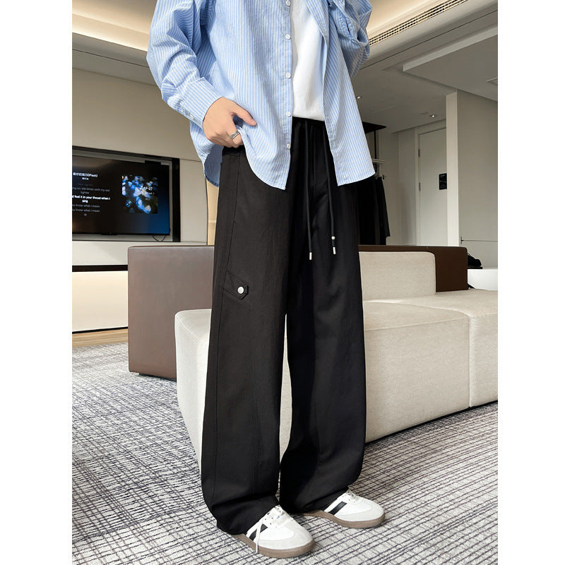 Men's Loose-Fitting Cargo Casual Pants with Elastic Waistband, Drawstring, and Side Flap Pocket Chichicherry
