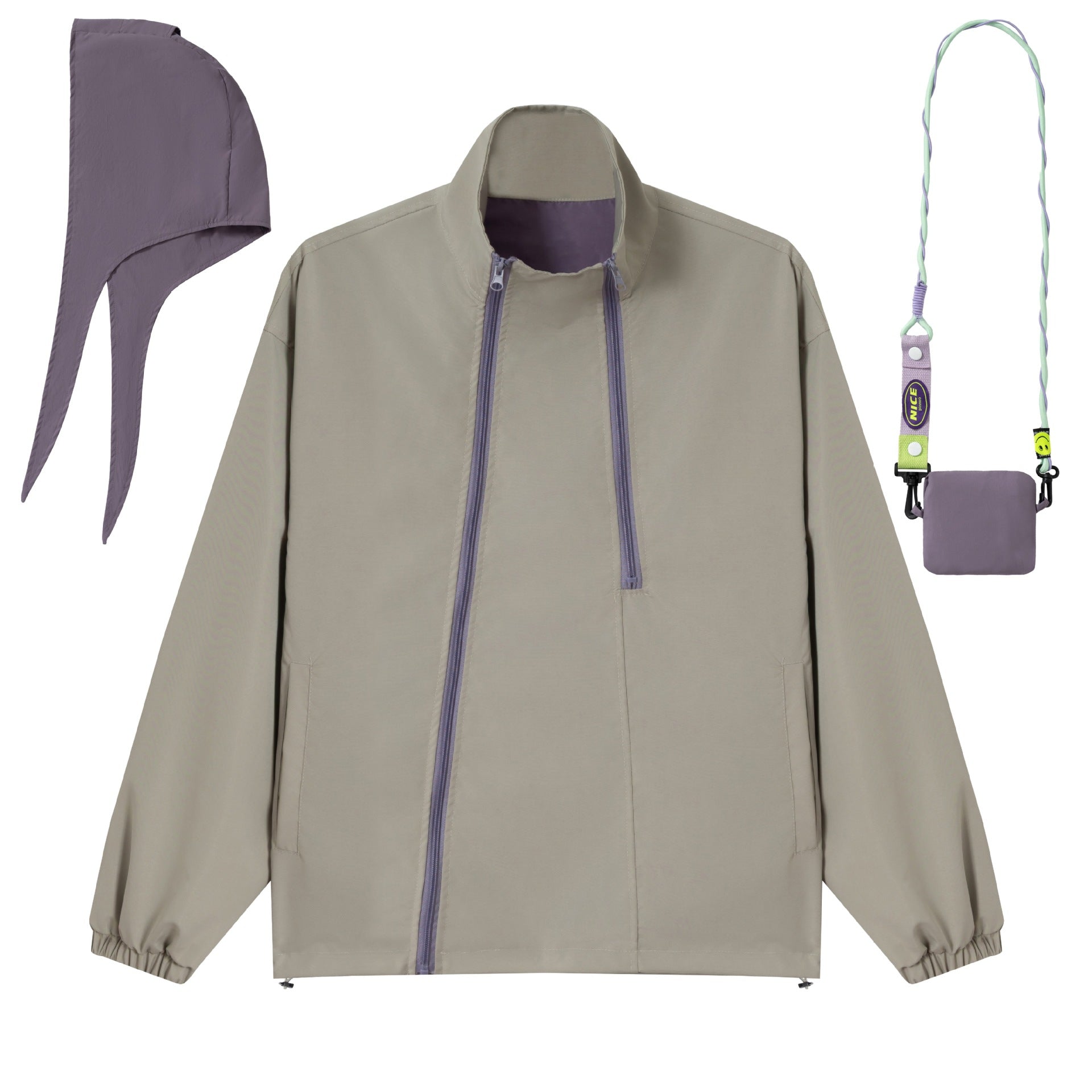 Unisex Loose-fitting functional jacket with double zipper, high stand-up collar, and accessory set Chichicherry