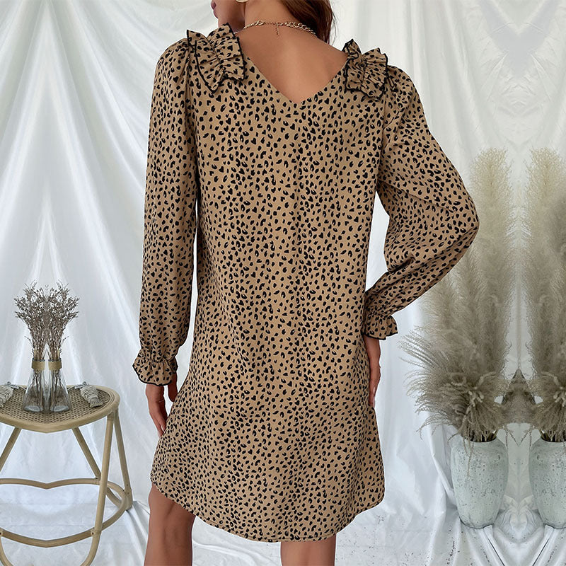 Women's Lightweight A-Line Mini Dress with Ruffle Collar and Puff Sleeves Chichicherry