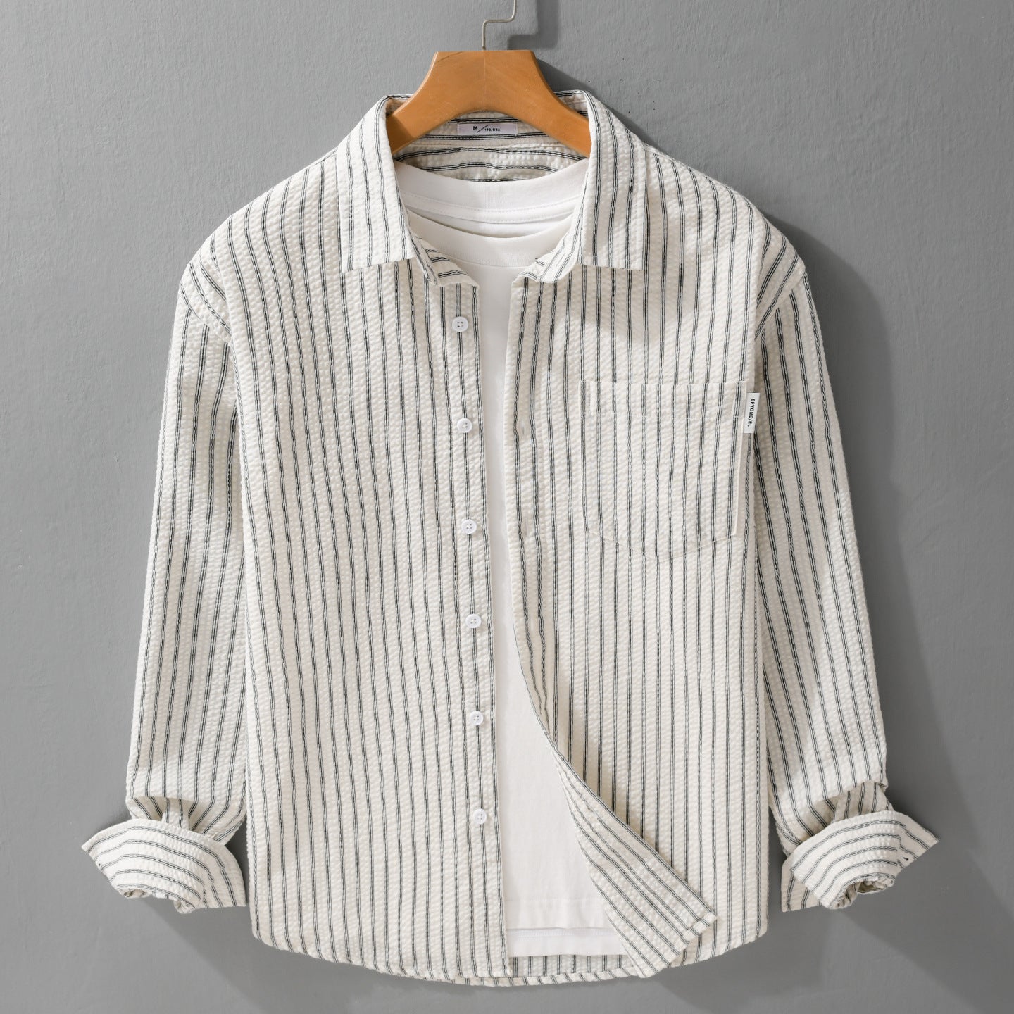 Men Striped Relaxed Overshirt made of textured cotton blend with chest pocket Chichicherry