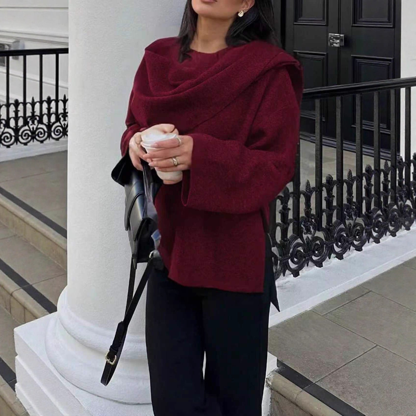 Women Oversize Wrap Poncho Coat with Wide Shawl Collar and One-Button Detail Chichicherry