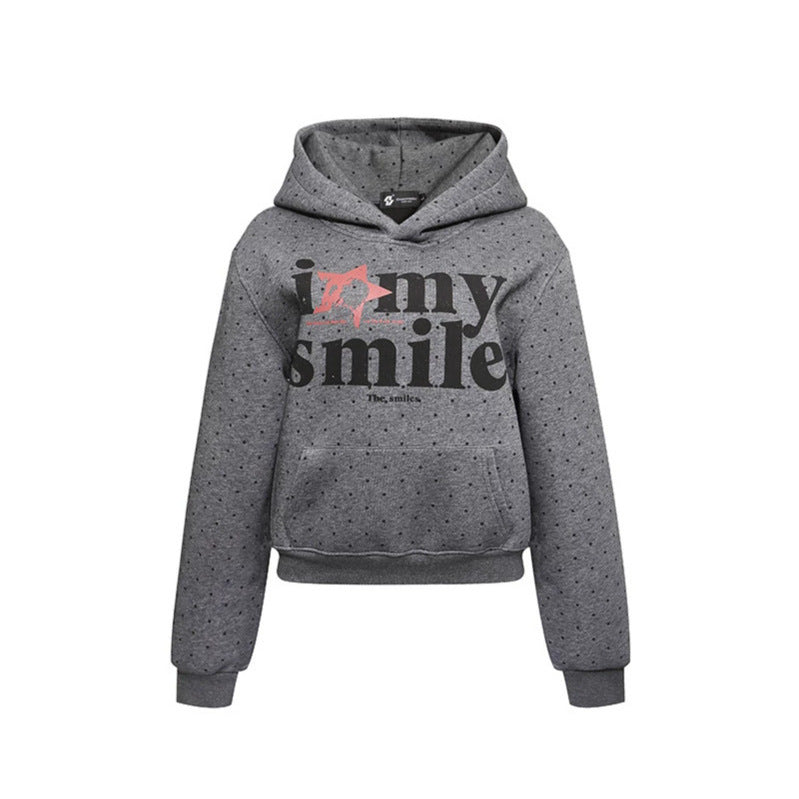 Women’s hoodie sweatshirt with polka dot pattern, kangaroo pocket and large typographic print Chichicherry