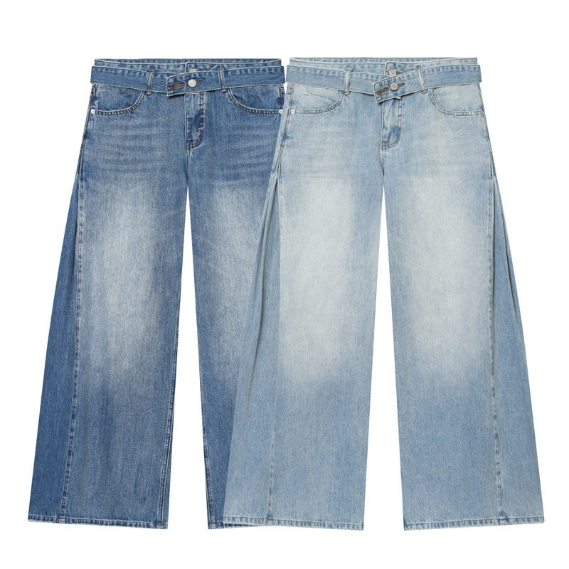 Women Wide Denim Pants with Side Pleat Inserts, High Waist and Waist Belt Chichicherry