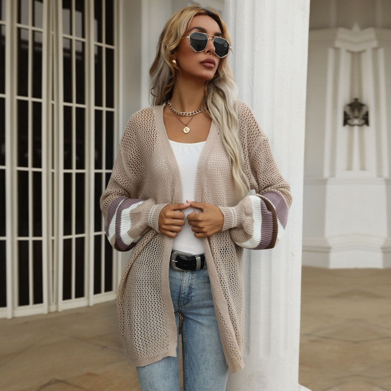 Women's Open Long Cardigan Knit Sweater with Openwork Knit, Balloon Sleeves and Striped Sleeve Fit Chichicherry
