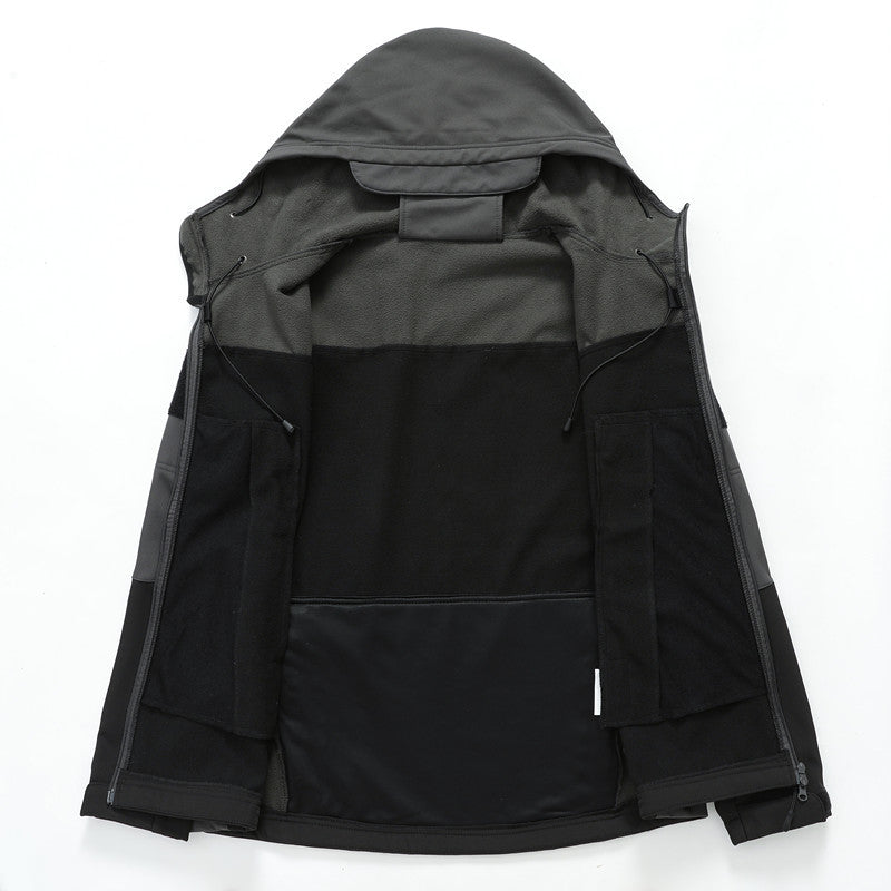 Men's Softshell Outdoor Jacket with Tactical Arm Pocket, Adjustable Hood and Water-Resistant Membrane Chichicherry