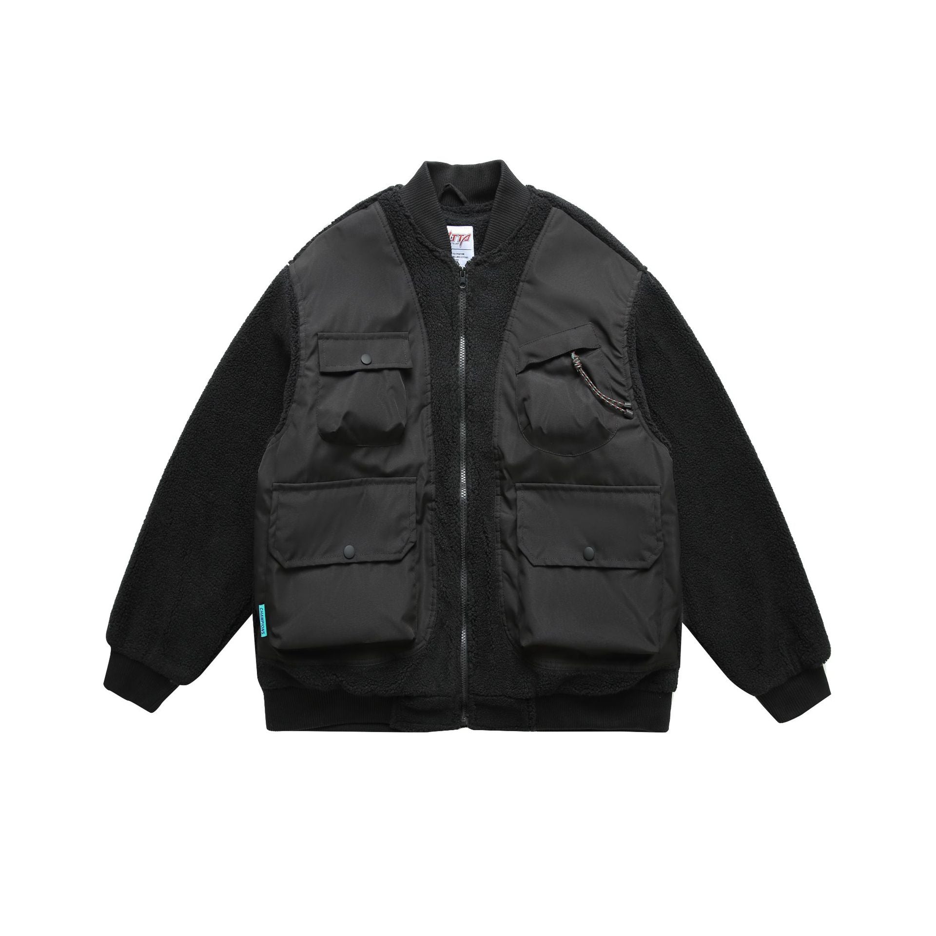 Men's Teddy Fleece Bomber Jacket with Utility Pockets and Nylon Inserts Chichicherry