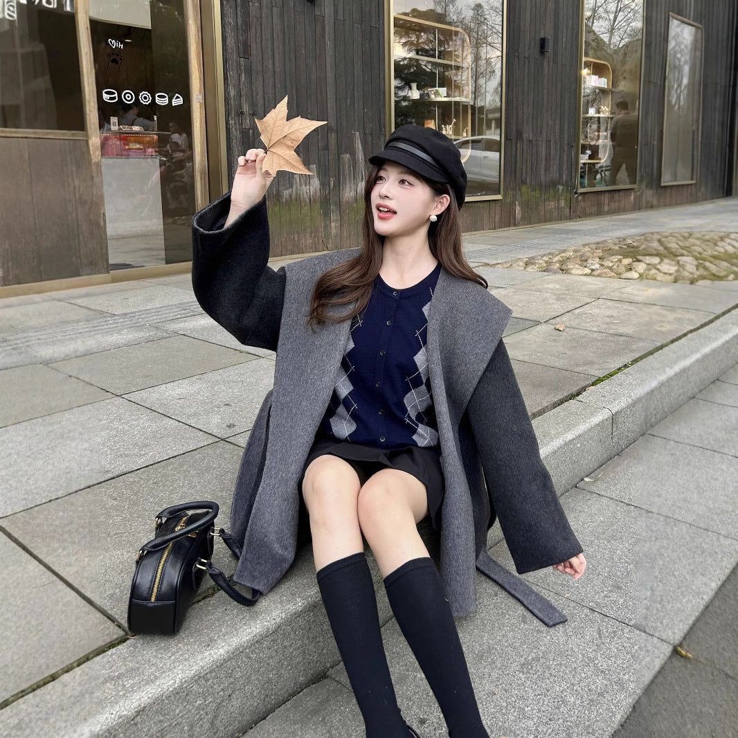 Women Short Wool Coat with Tie Belt and Oversized Shawl Collar Chichicherry