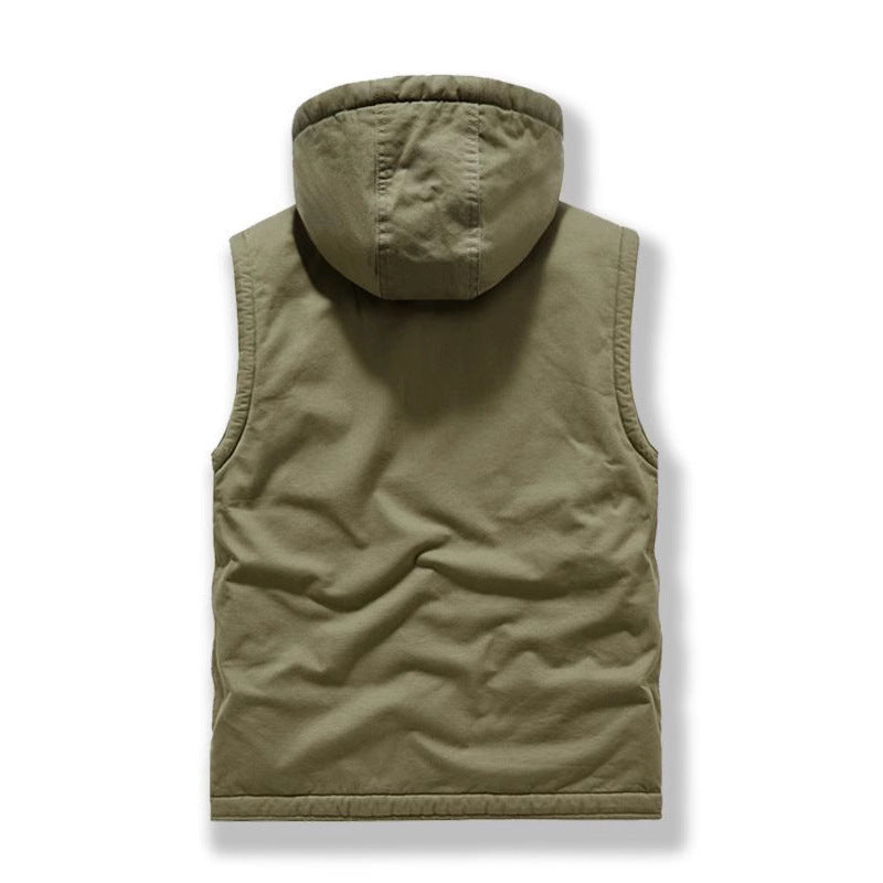 Men's Utility Vest with Hood, Teddy Lining and Multi-Function Pockets Chichicherry