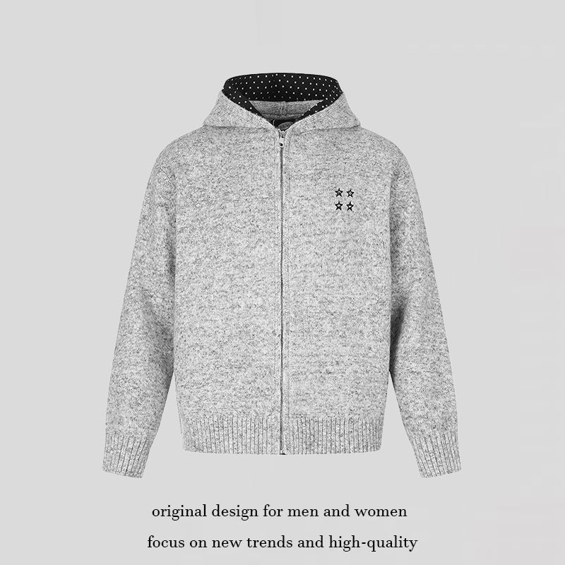 Women's Zip Hoodie Cardigan with Polka Dot Hood Lining and Star Embroidery Chichicherry