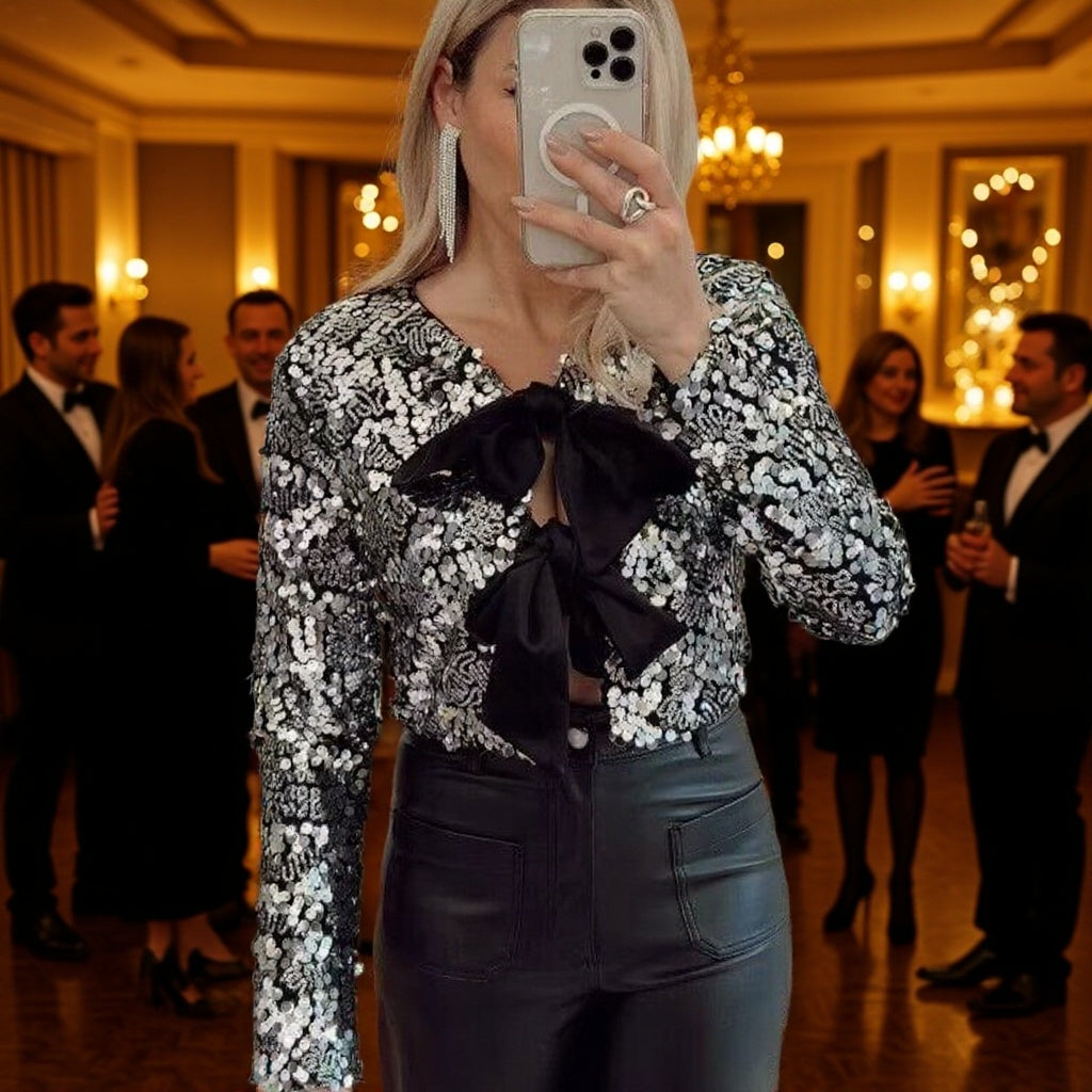 Women’s Short Jacket with Sequin Trim and Decorative Bow Front Chichicherry