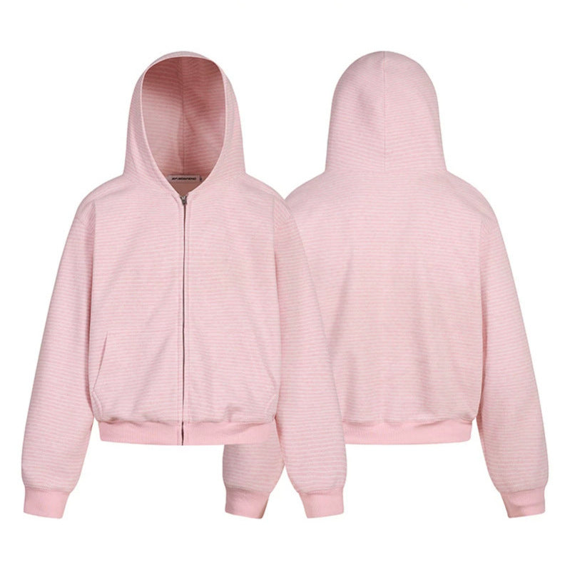 Women's short-cut hooded sweatshirt jacket with short hem, stripe texture, and zipper