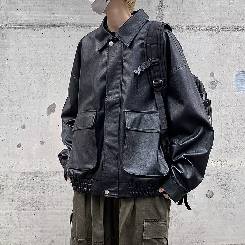 Herren Boxy Overshirt aus Lederoptik mit Hemdkragen und aufgesetzten Brusttaschen Chichicherry