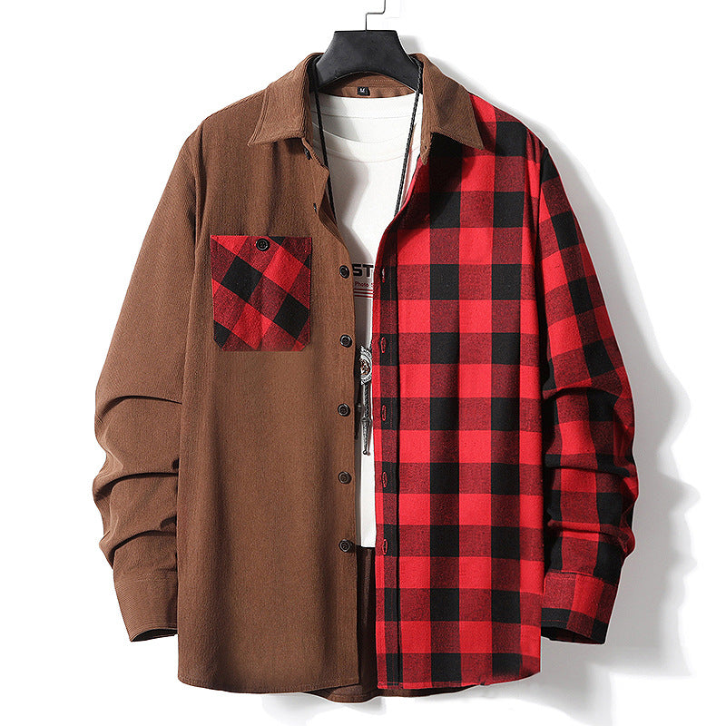 Men's Half-Split Overshirt in Lumberjack Check with Contrasting Solid Side, Chest Pocket, and Continuous Button Placket Chichicherry