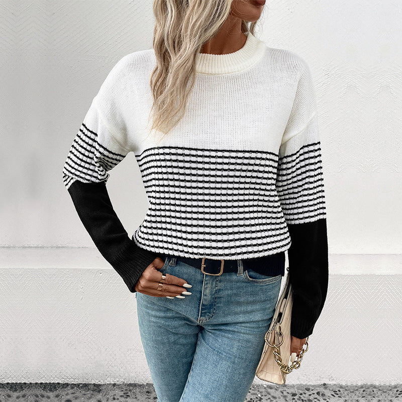 Women's Relaxed-Fit Block Stripe Fine Knit Sweater with Ribbed Cuffs and Dropped Shoulder Chichicherry
