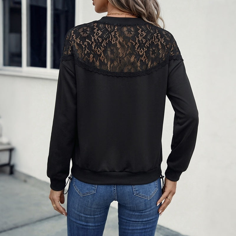 Women’s Casual Long Sleeve Shirt with Transparent Lace Yoke and Round Neckline Chichicherry