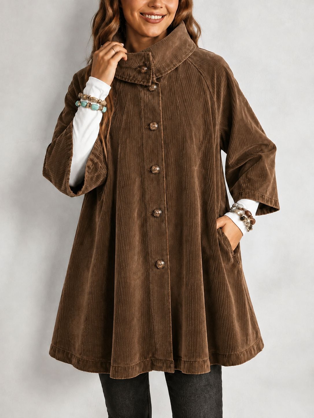 Women's cord coat with stand-up collar, A-line and patch pockets Chichicherry
