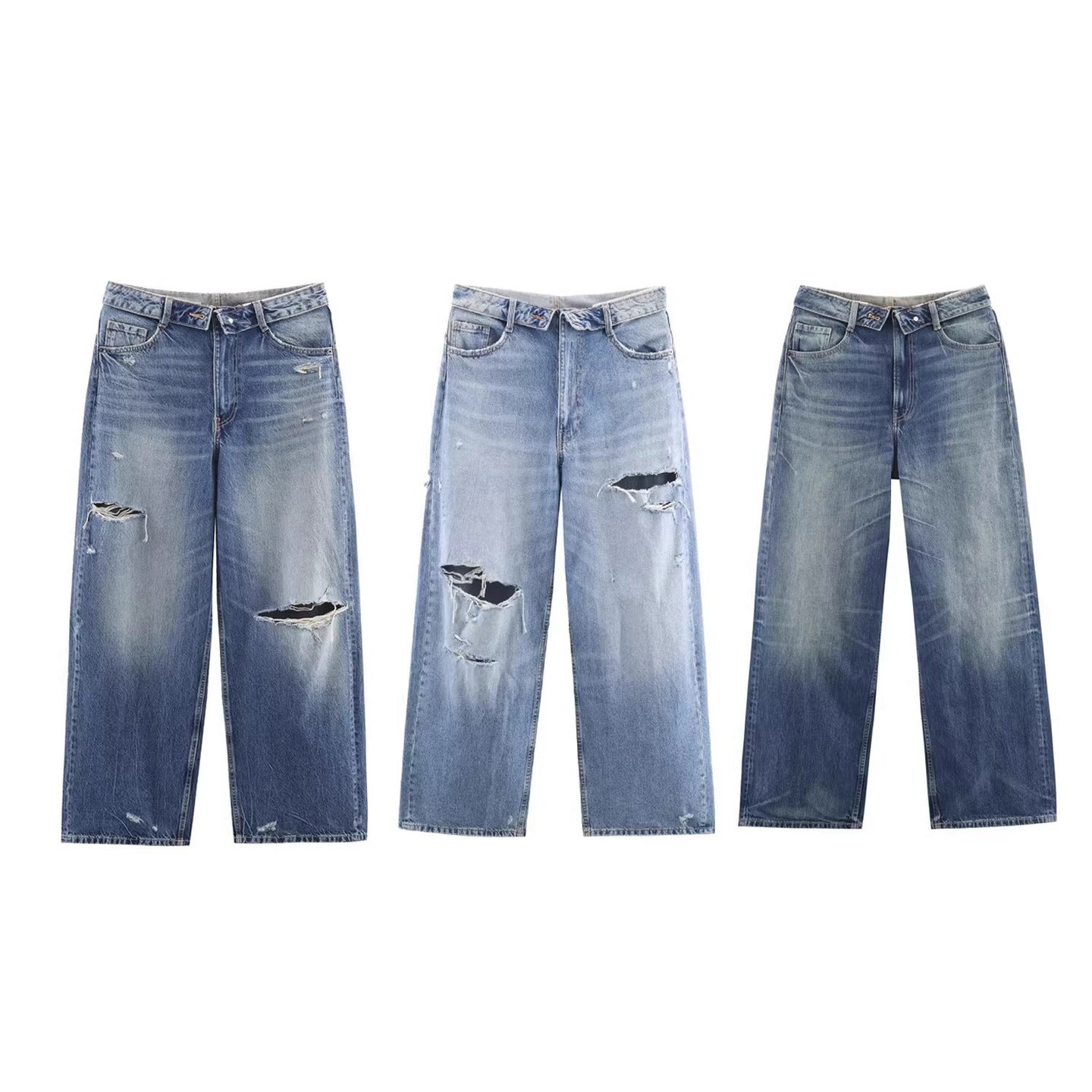 Ladies Wide Destroyed Jeans with High Waist and Straight Leg Chichicherry