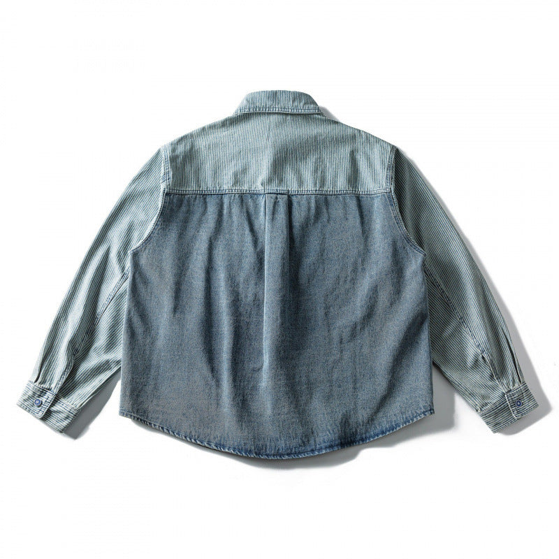 Unisex Wide Two-Tone Denim Shirt with Stripe Mix and Boxy Oversized Cut Chichicherry