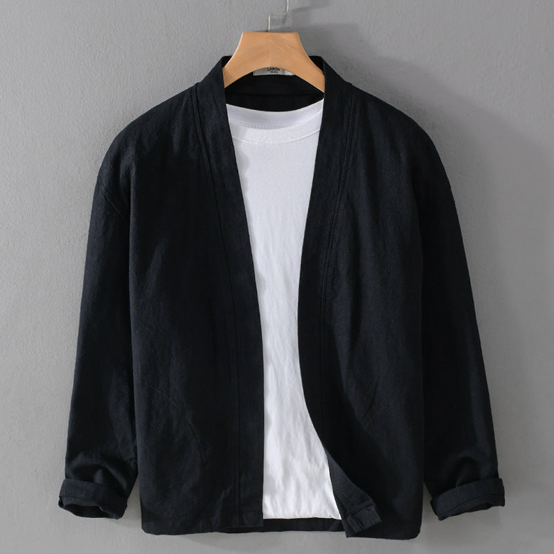 Men's Open Linen Overjacket with Kimono Collar and Relaxed Fit Chichicherry