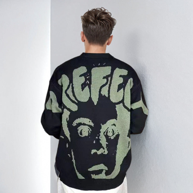 Herren Oversized-Strickpullover mit großflächigem Jacquard-Gesichtsmotiv und geripptem Saum Chichicherry