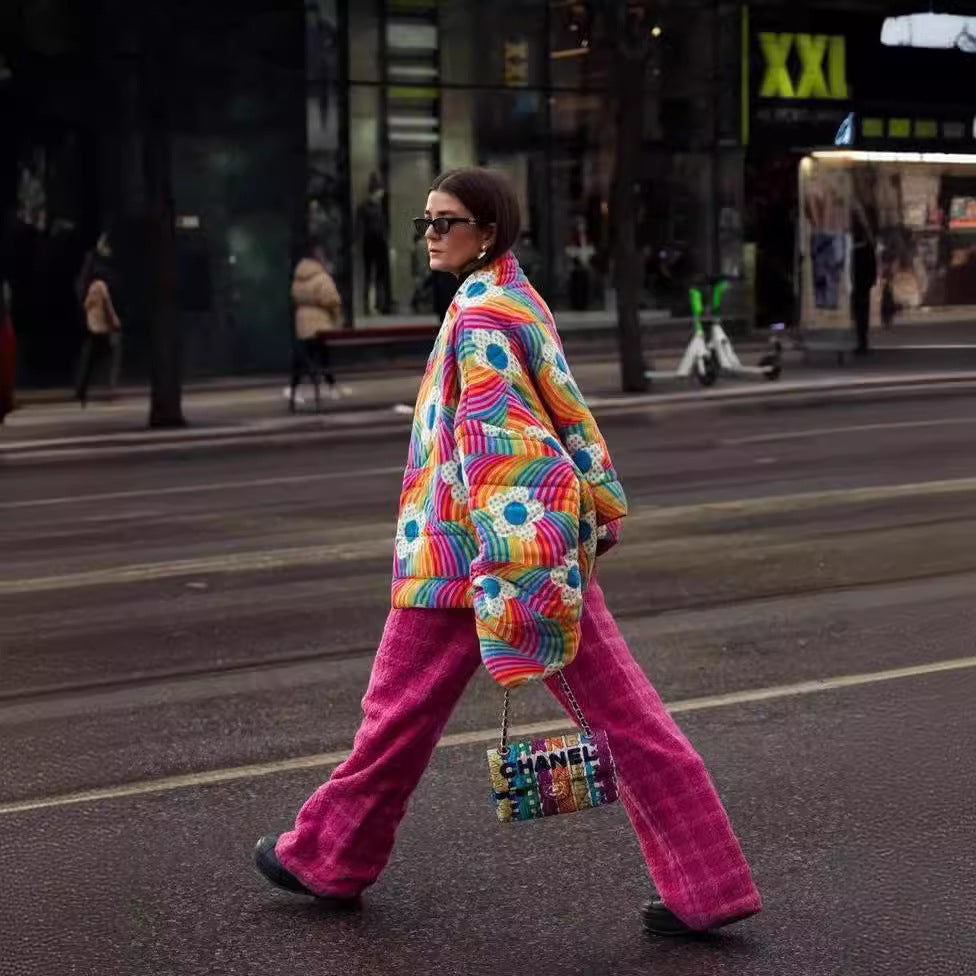 Women Short Oversized Padded Jacket with Colorful Rainbow Stripes and Flower Application Chichicherry