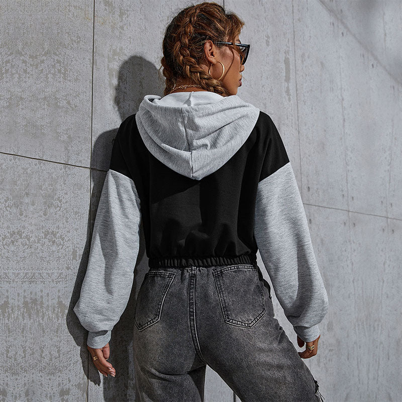 Women's Cropped Hoodie with Contrast Sleeves, Elastic Hem and Melting Smiley Print