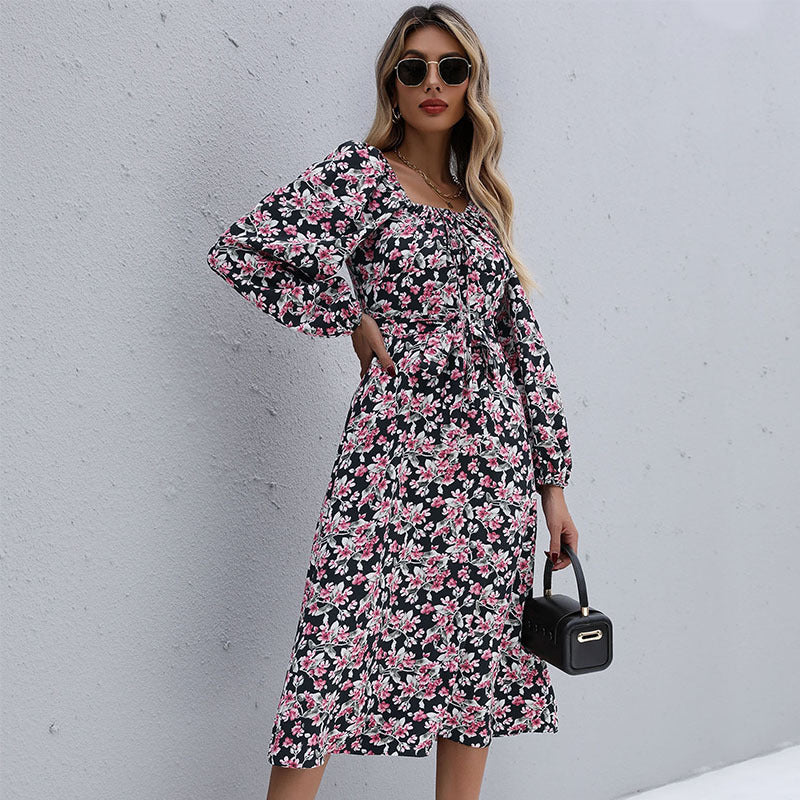 Women's midi dress with floral tiered skirt, gathered neckline & waist drawstring Chichicherry